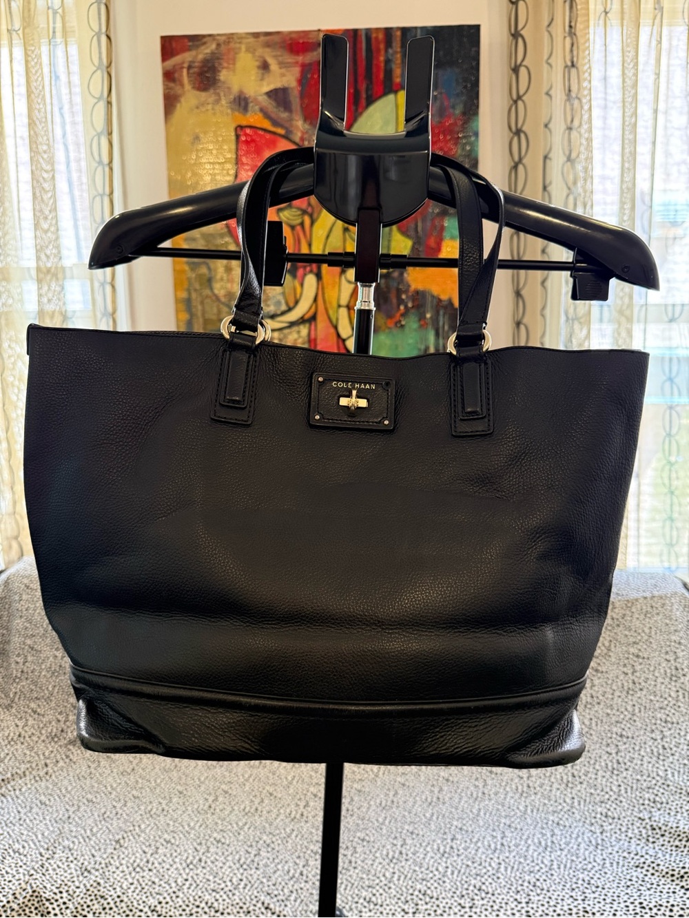 Cole Haan Black Leather Tote with Turn-Lock